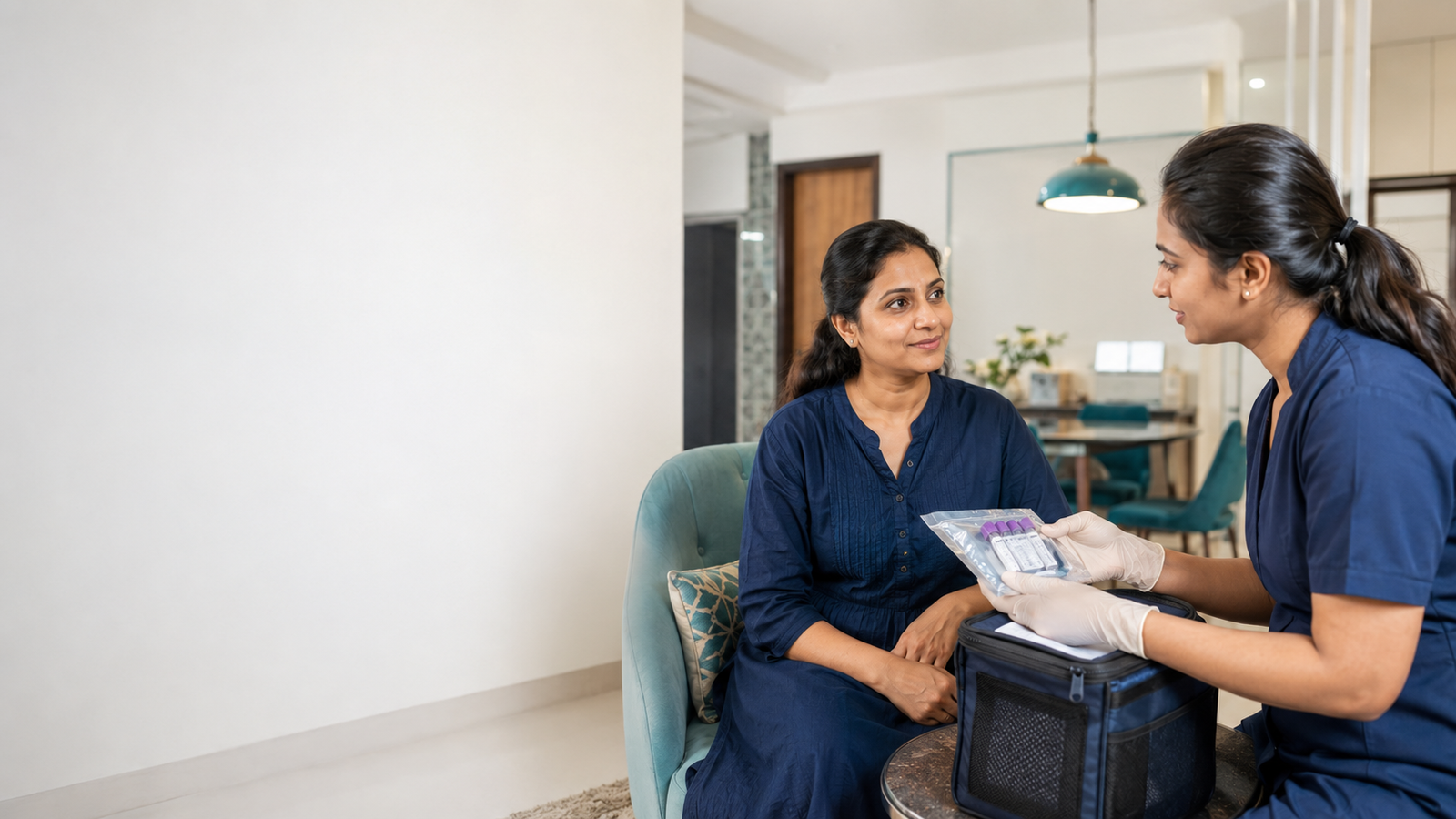 Melabz professional discussing a home sample collection with a patient